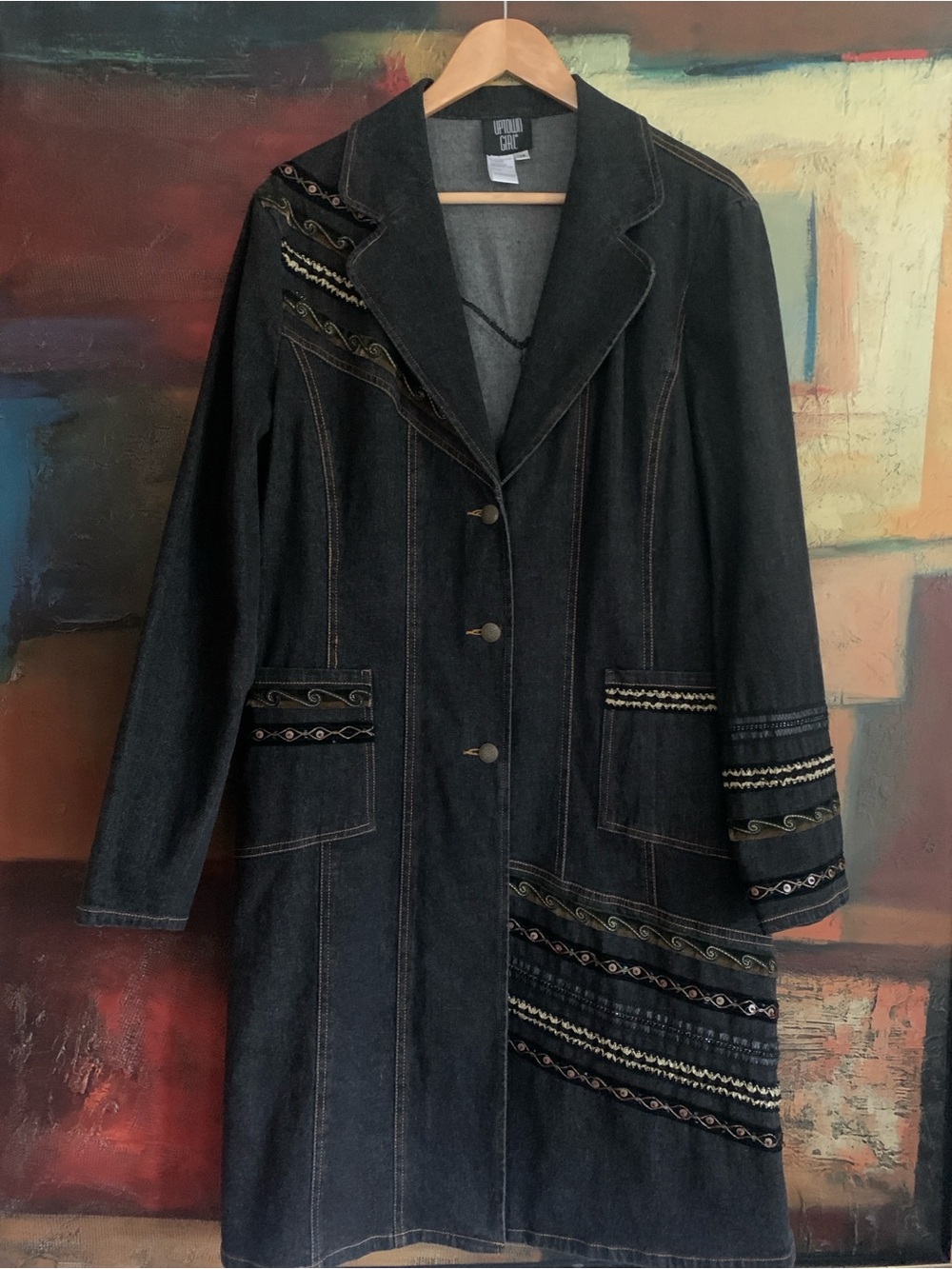 Vintage Black Denim Duster Jacket with Embroidered Trim and Beading, Sz 14